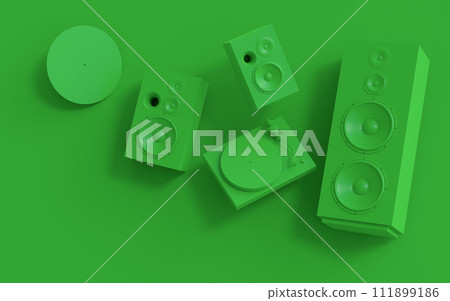 Set of Hi-fi speakers and DJ turntable for sound recording studio on monochrome 111899186