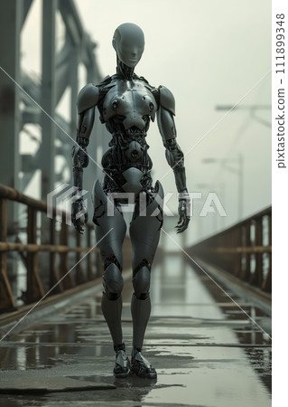 Futuristic android stands amidst sci-fi city, artificial intelligence with urban cybernetic tableau 111899348