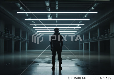 Futuristic android stands amidst sci-fi city, artificial intelligence with urban cybernetic tableau 111899349