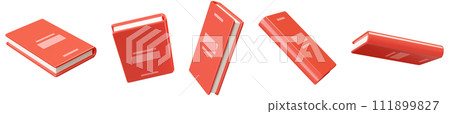 Paper text book with red hard cover floating in air in 3d render illustration set. Literature for library or bookshop, reading and study concept flying in different angles of rotation. Paper text book with red hard cover floating in air in 3d render illustration set. Literature for library or bookshop, reading and study concept flying in different angles of rotation. 111899827