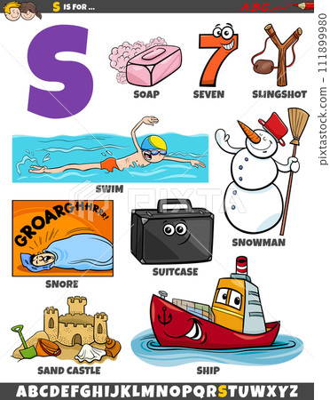 Letter S set with cartoon objects and characters 111899980