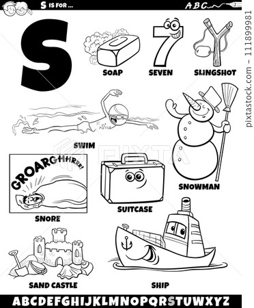 Letter S set with cartoon objects and characters coloring page 111899981
