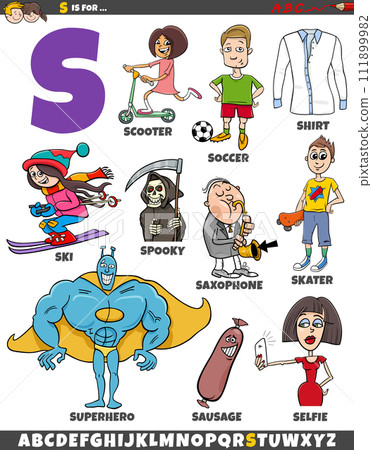 Letter S set with cartoon objects and characters 111899982