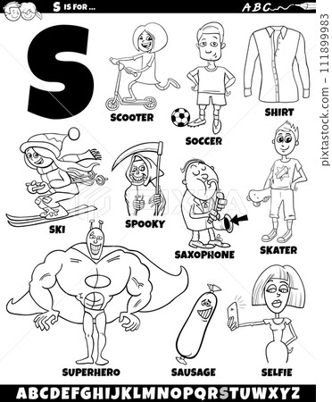 Letter S set with cartoon objects and characters coloring page 111899983
