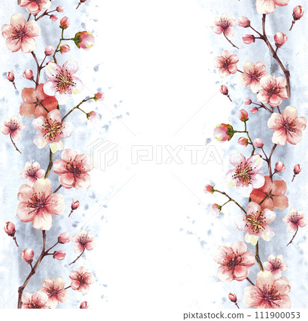 Blossoming branch from tree, spring sakura, cherry or apple buds and flowers seamless vertical border, frame on watercolor grey stains background. Springtime clipart Hand drawn isolated illustration Blossoming branch from tree, spring sakura, cherry or apple buds and flowers seamless vertical border, frame on watercolor grey stains background. Springtime clipart Hand drawn isolated illustration 111900053