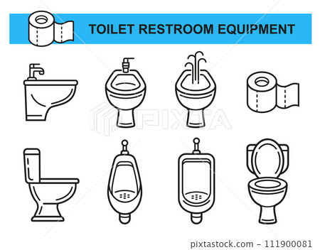 Public restroom toilet seat, bidet, male urinal bowl, lavatory or bathroom sanitary plumbing line icon set. Paper tissue towel roll. Body hygiene. Water closet. Home washroom ceramic equipment vector Public restroom toilet seat, bidet, male urinal bowl, lavatory or bathroom sanitary plumbing line icon set. Paper tissue towel roll. Body hygiene. Water closet. Home washroom ceramic equipment vector 111900081