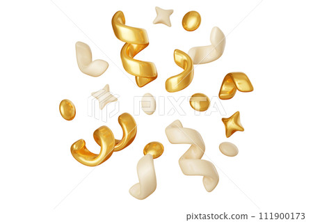 3d confetti golden and beige streamer in 3d render illustration for win or birthday design. Floating firecracker gold serpentine with ribbons and twinkles for congratulation or surprise concept. 111900173