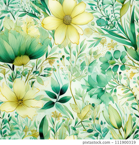 AI-generated content. Creative abstract background wallpaper. Repetitive pattern, seamless leaves and flowers background for the textiles and designs. Beautiful oil watercolor and ink painting in AI-generated content. Creative abstract background wallpaper. Repetitive pattern, seamless leaves and flowers background for the textiles and designs. Beautiful oil watercolor and ink painting in 111900319