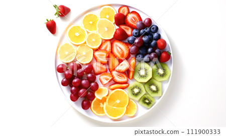 AI-generated content. Top view of colorful raw cut fruits including oranges, kiwis, grapes, strawberries on white plate, white background 111900333
