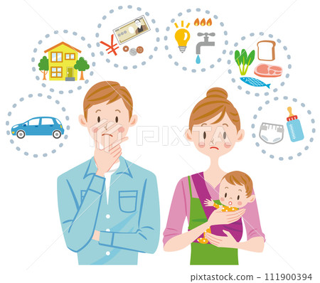 A couple thinking about household finances, a mother holding a baby 111900394