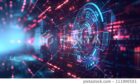Cyber background modern technology with many electronic elements and lights, tilt-shift lenses, historical reimagining, richly detailed backgrounds, clarity of forms and otherworldly atmosphere 111900581