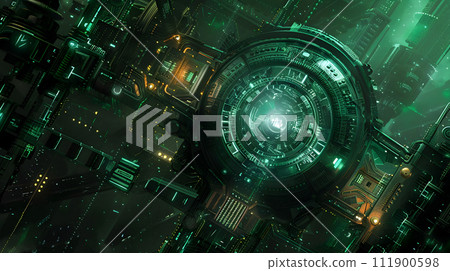 futuristic city with green lights, circles, and spaceships, in the style of dark green and emerald futuristic city with a large glowing structure astronomer is green and glowing futuristic city with green lights, circles, and spaceships, in the style of dark green and emerald futuristic city with a large glowing structure astronomer is green and glowing 111900598
