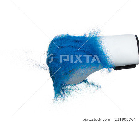 Boxing punch through Blue Sand, concept of competition challenge of leader business man or teamwork, winning leadership strategic plan and risk management team player Boxing punch through Blue Sand, concept of competition challenge of leader business man or teamwork, winning leadership strategic plan and risk management team player 111900764