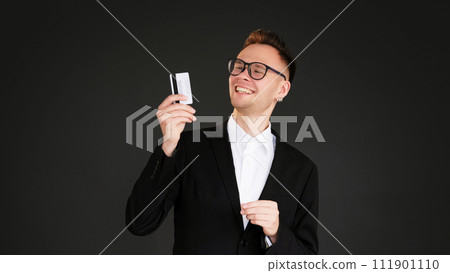 Banking service cashless payment man credit card 111901110