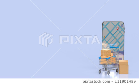 The shopping trolley and mobile phone for online market concept 3d rendering. The shopping trolley and mobile phone for online market concept 3d rendering. 111901489