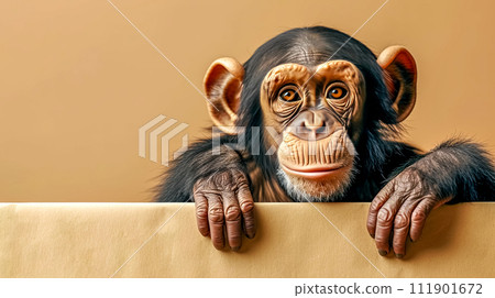 AI-generated content. a chimpanzee is peeking over a box and looking at the camera 111901672