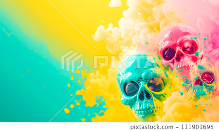 AI-generated content. Colorful Skulls in Vivid Liquid Abstract 111901695