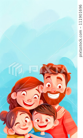 AI-generated content. happy cartoon family with a father, mother, daughter, and son smiling together against a light blue background 111901696