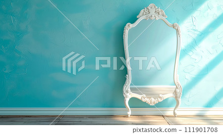 AI-generated content. A white mirror is sitting in front of a blue wall, copy space 111901708