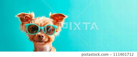 AI-generated content. Fashionable Small Dog Wearing Sunglasses on a Bright Teal Background 111901712
