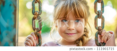 AI-generated content. Happy Blonde Child on Swing at Park - Cute Girl with Blue Eyes Playing Outdoors 111901715