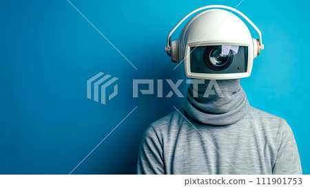 AI-generated content. Faceless Person with CCTV Camera Head for Surveillance Technology Concept on Blue Background 111901753