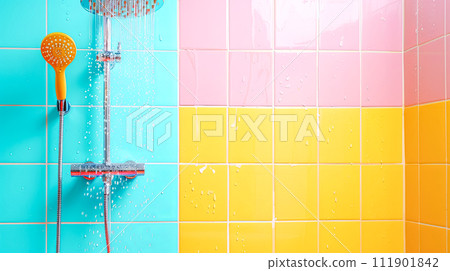 AI-generated content. Colorful Shower Head and Tiles with Water Droplets 111901842