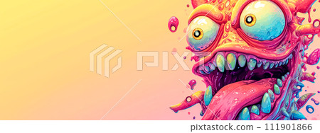 AI-generated content. fantastical creature with exaggerated features, including bulging eyes and a gaping mouth, amidst a backdrop of liquid splashes in a gradient of warm colors 111901866