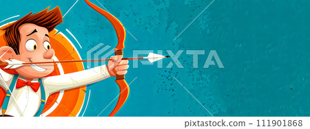 AI-generated content. Cheerful Cartoon Man in Bowtie Aiming Arrow with Archery Bow - Vibrant Sports Illustration 111901868