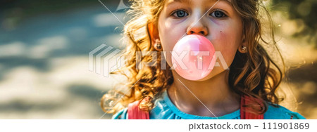 AI-generated content. Childhood fun with a perfect pink bubble, banner with copy space 111901869