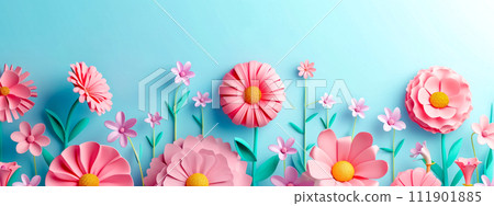 AI-generated content. cheerful arrangement of 3D paper-style flowers in shades of pink and peach against a soft blue background, creating a fresh and minimalist springtime display. 111901885