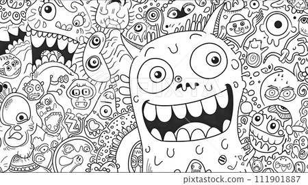 AI-generated content. Whimsical Monster Doodles in Black and White for Kids' Coloring Page 111901887