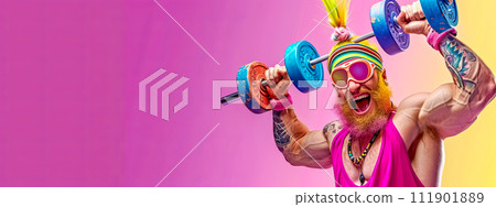 AI-generated content. A man with a purple beard lifts dumbbells overhead copy space 111901889