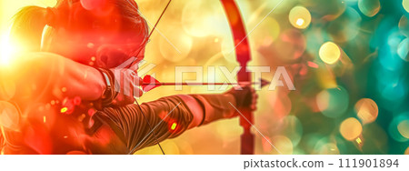 AI-generated content. focused archer in the act of aiming an arrow, with a vibrant blurred background of warm and cool bokeh lights, creating a dynamic contrast that emphasizes concentration and 111901894