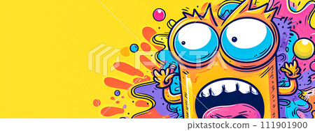 AI-generated content. surprised character with exaggerated features against a splattered, colorful backdrop, ideal for a playful and energetic design with space for text. 111901900