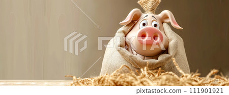 AI-generated content. Adorable Cartoon Pig Peeking from Burlap Sack with Straw Background AI-generated content. Adorable Cartoon Pig Peeking from Burlap Sack with Straw Background 111901921
