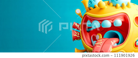 AI-generated content. whimsical cartoon character with a wide-open mouth, against a vibrant turquoise background, suitable for an entertaining and playful concept with space for text. 111901926