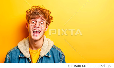 AI-generated content. A young man wearing glasses and a blue jacket is making a surprised face, copy space 111901940