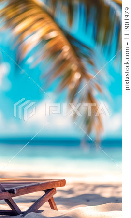 AI-generated content. vacation, single wooden sun lounger on a sandy beach with a softly focused palm tree overhead against a turquoise sea and blue sky, invoking a sense of a peaceful holiday retreat 111901979