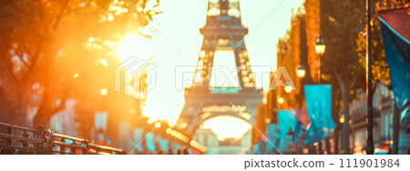 AI-generated content. blurred background featuring the Eiffel Tower in Paris, with a warm, glowing sunset hue and street lamps lining a boulevard 111901984