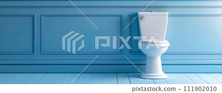 AI-generated content. Modern White Ceramic Toilet in Clean Blue Bathroom Interior AI-generated content. Modern White Ceramic Toilet in Clean Blue Bathroom Interior 111902010