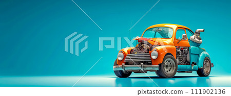 AI-generated content. Toy car with open hood on blue surface. Wheel, Tire, Vehicle. copy space 111902136