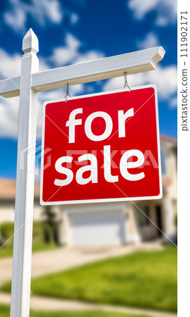 AI-generated content. red "for sale" sign hanging from a white post with a blurred residential house in the background under a clear blue sky with fluffy clouds. 111902171