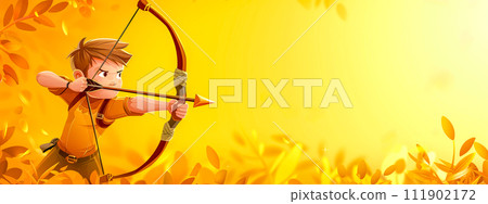AI-generated content. Archery Illustration, Cartoon Boy Aiming with Bow and Arrow Amongst Golden Autumn Leaves, copy space 111902172