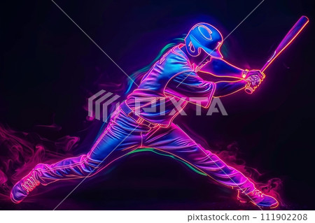 Dynamic neon outline of a baseball player in mid-swing, with vibrant pink and blue hues against a dark background. AI Generated 111902208