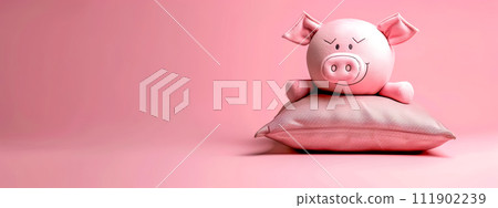 AI-generated content. financial cushion, Cute Pink Piggy Bank on Soft Cushion Representing Savings and Financial Planning 111902239