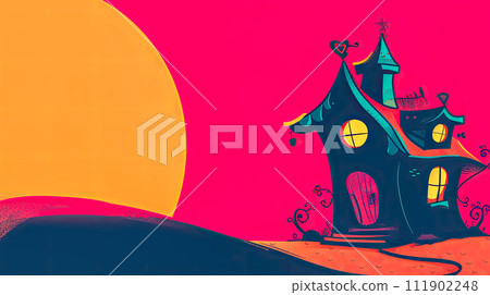 AI-generated content. Whimsical House Illustration with Giant Orange Moon 111902248