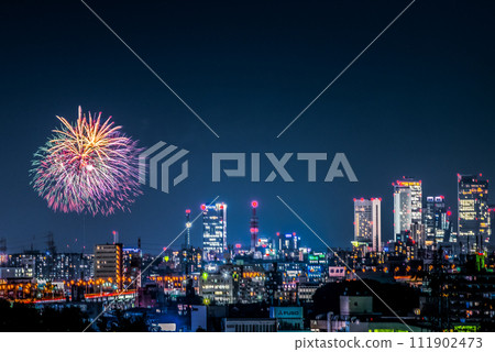 煙火和摩天大樓的夜景 煙火和摩天大樓的夜景 111902473