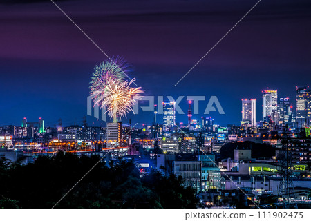 煙火和摩天大樓的夜景 煙火和摩天大樓的夜景 111902475