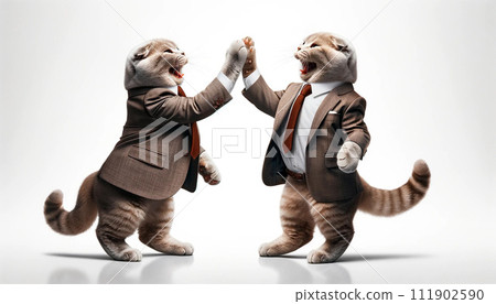 一隻穿著西裝的印花布貓慶祝自己的成功，並在工作中與同事擊掌。 111902590